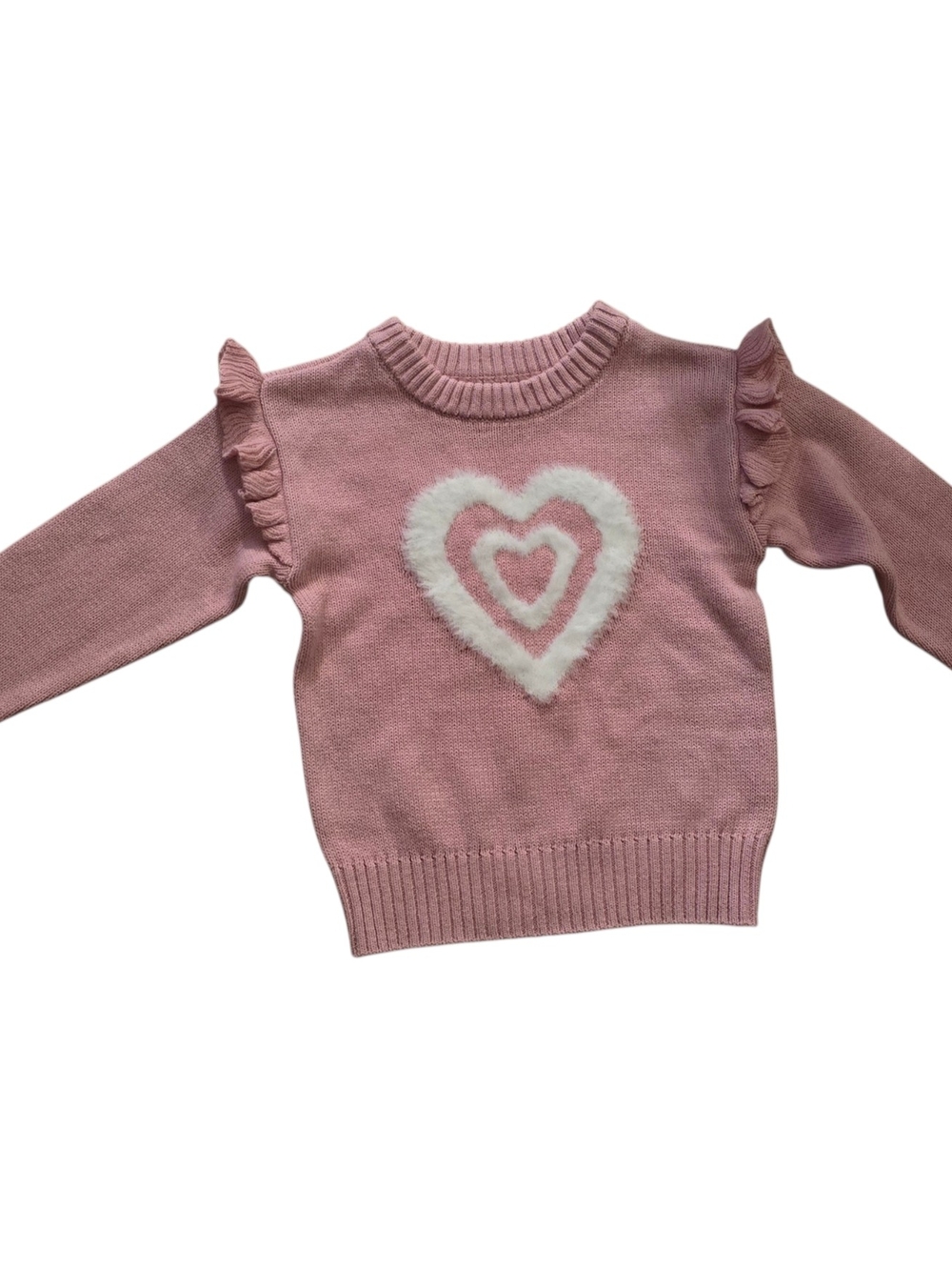 Epic Threads Pink Knit Sweater with Fuzzy Heart and Ruffle Shoulders